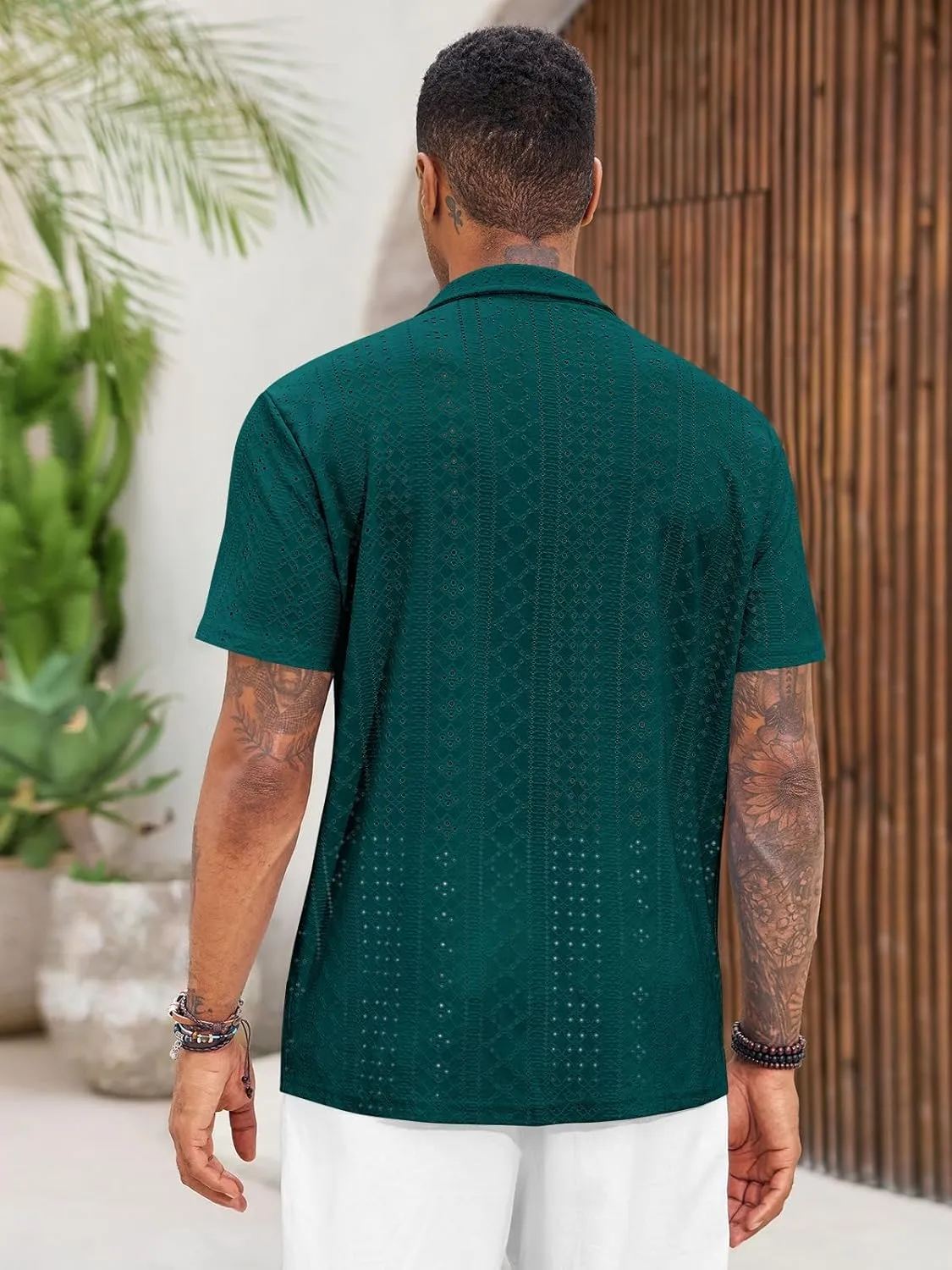 Runcati Mens Casual Button Down Shirt Short Sleeve Summer Beach Hollow Out Tropical Shirts
