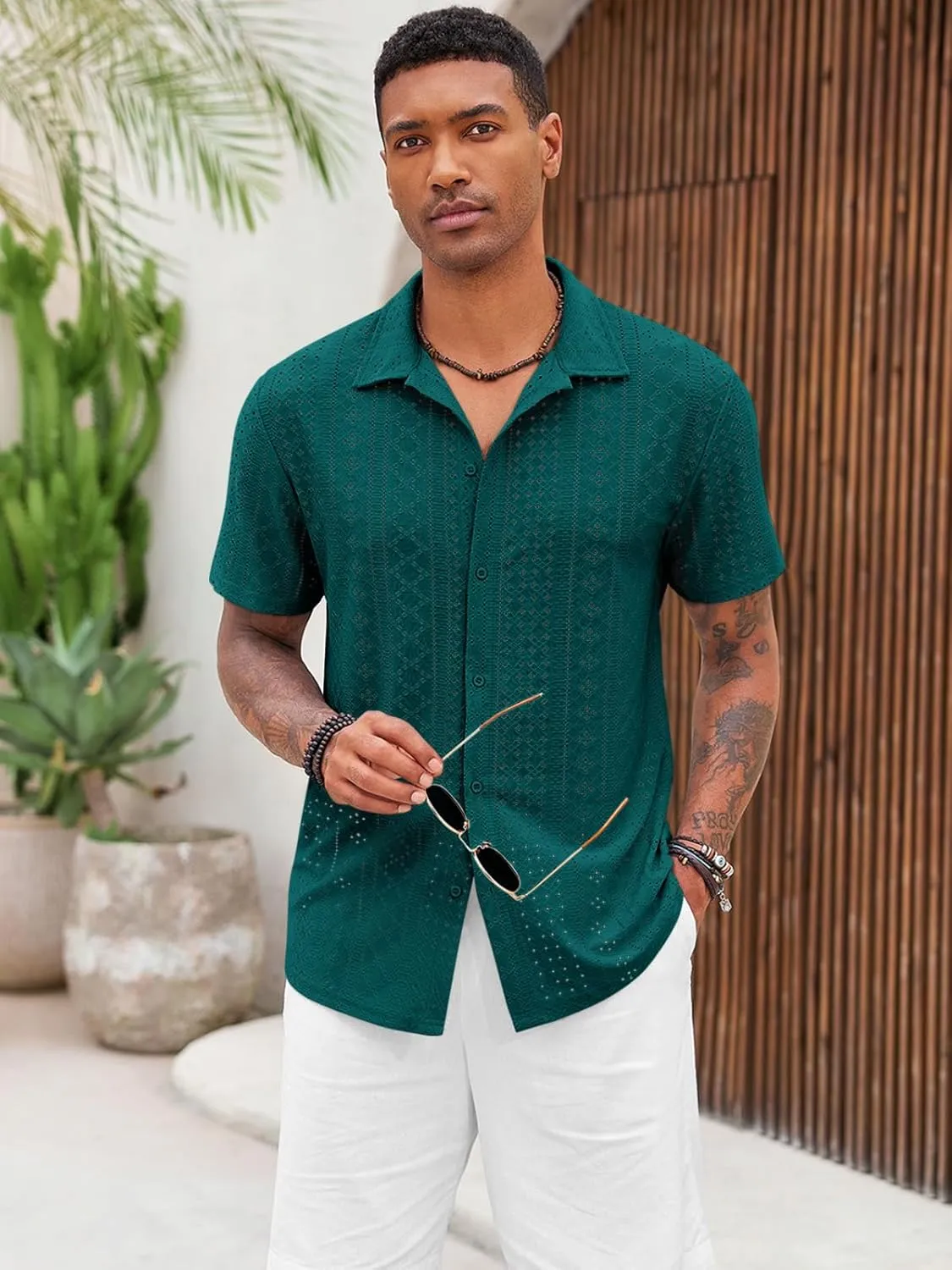 Runcati Mens Casual Button Down Shirt Short Sleeve Summer Beach Hollow Out Tropical Shirts
