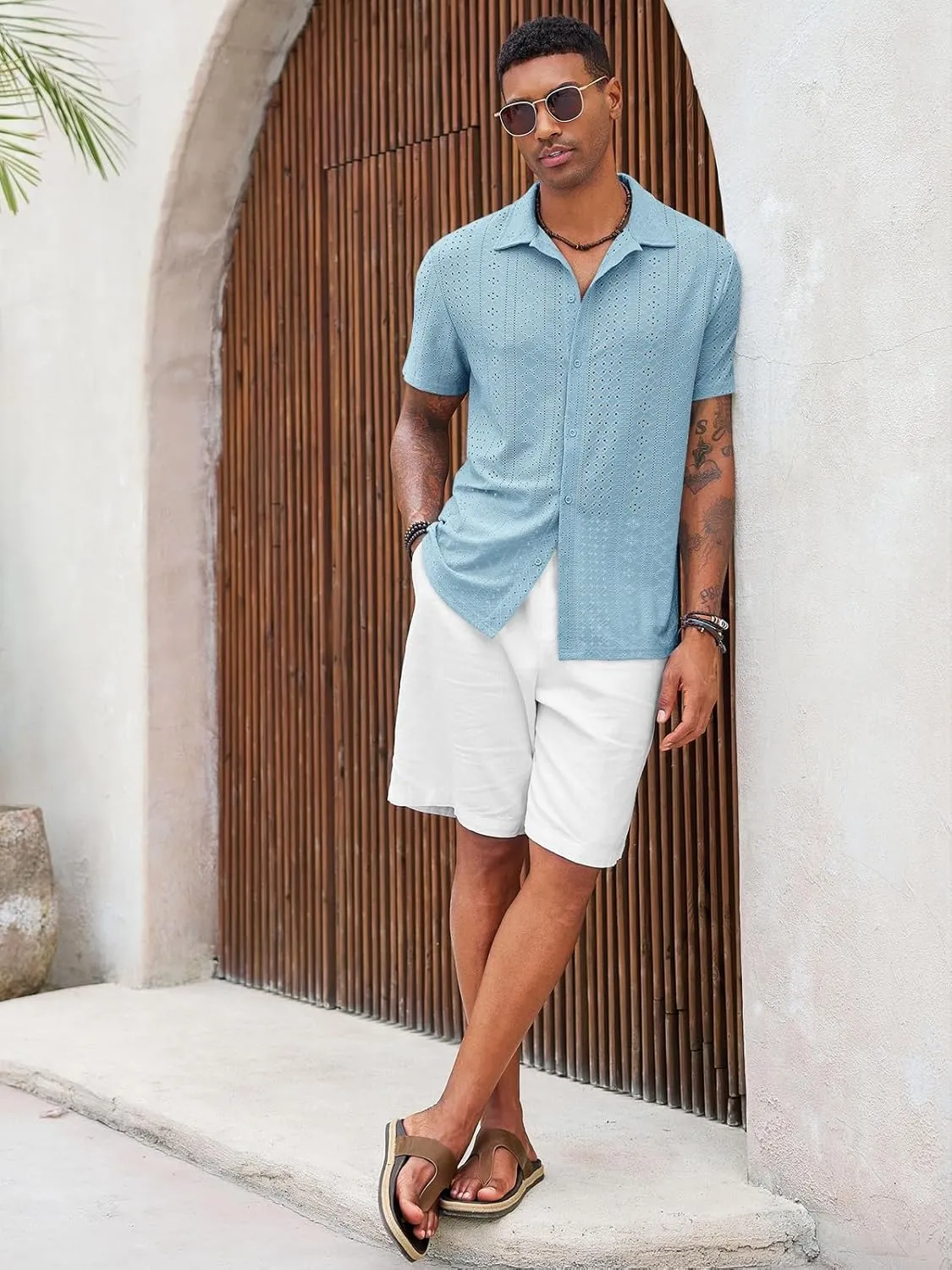 Runcati Mens Casual Button Down Shirt Short Sleeve Summer Beach Hollow Out Tropical Shirts