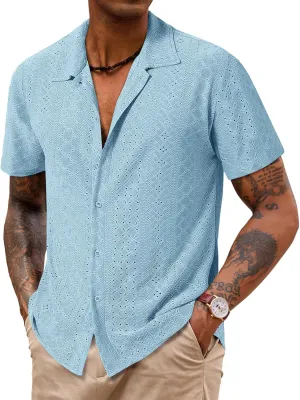 Runcati Mens Casual Button Down Shirt Short Sleeve Summer Beach Hollow Out Tropical Shirts