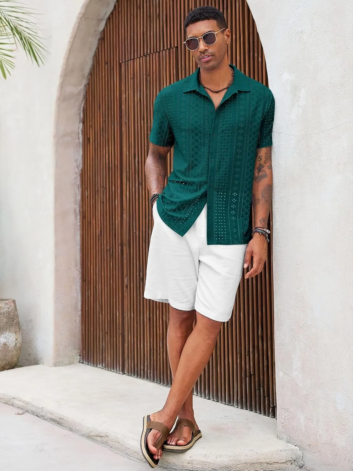 Runcati Mens Casual Button Down Shirt Short Sleeve Summer Beach Hollow Out Tropical Shirts