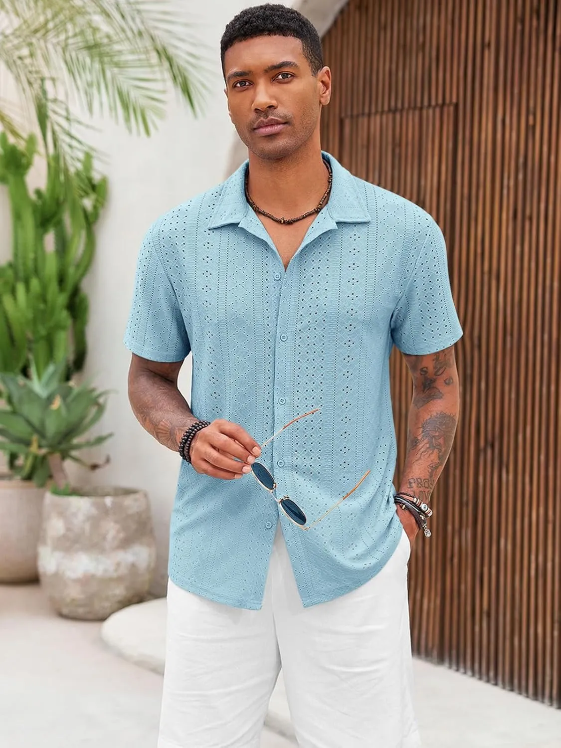 Runcati Mens Casual Button Down Shirt Short Sleeve Summer Beach Hollow Out Tropical Shirts