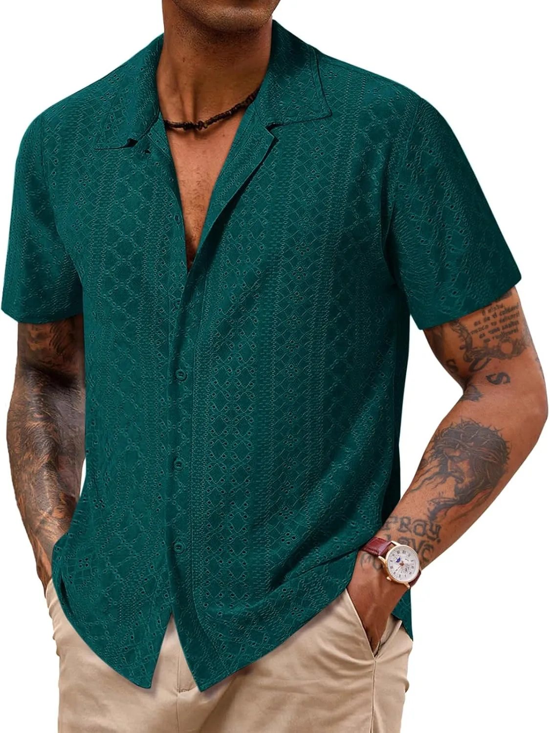 Runcati Mens Casual Button Down Shirt Short Sleeve Summer Beach Hollow Out Tropical Shirts