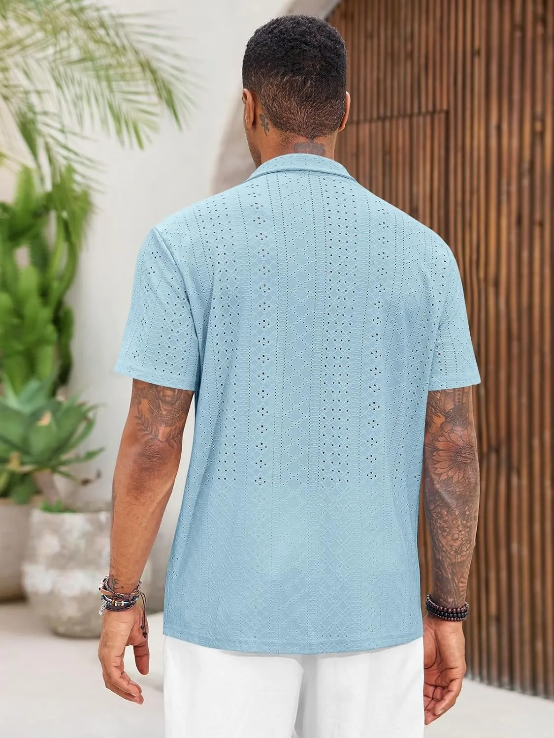 Runcati Mens Casual Button Down Shirt Short Sleeve Summer Beach Hollow Out Tropical Shirts