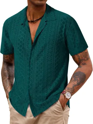 Runcati Mens Casual Button Down Shirt Short Sleeve Summer Beach Hollow Out Tropical Shirts