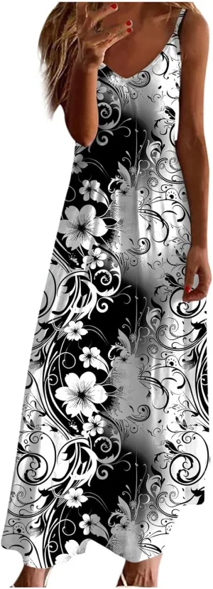 Sleeveless Floral Print Maxi Dress for Women Casual Summer Tank Dresses Beach Vacation Flowy Bohemian Trendy Sundress