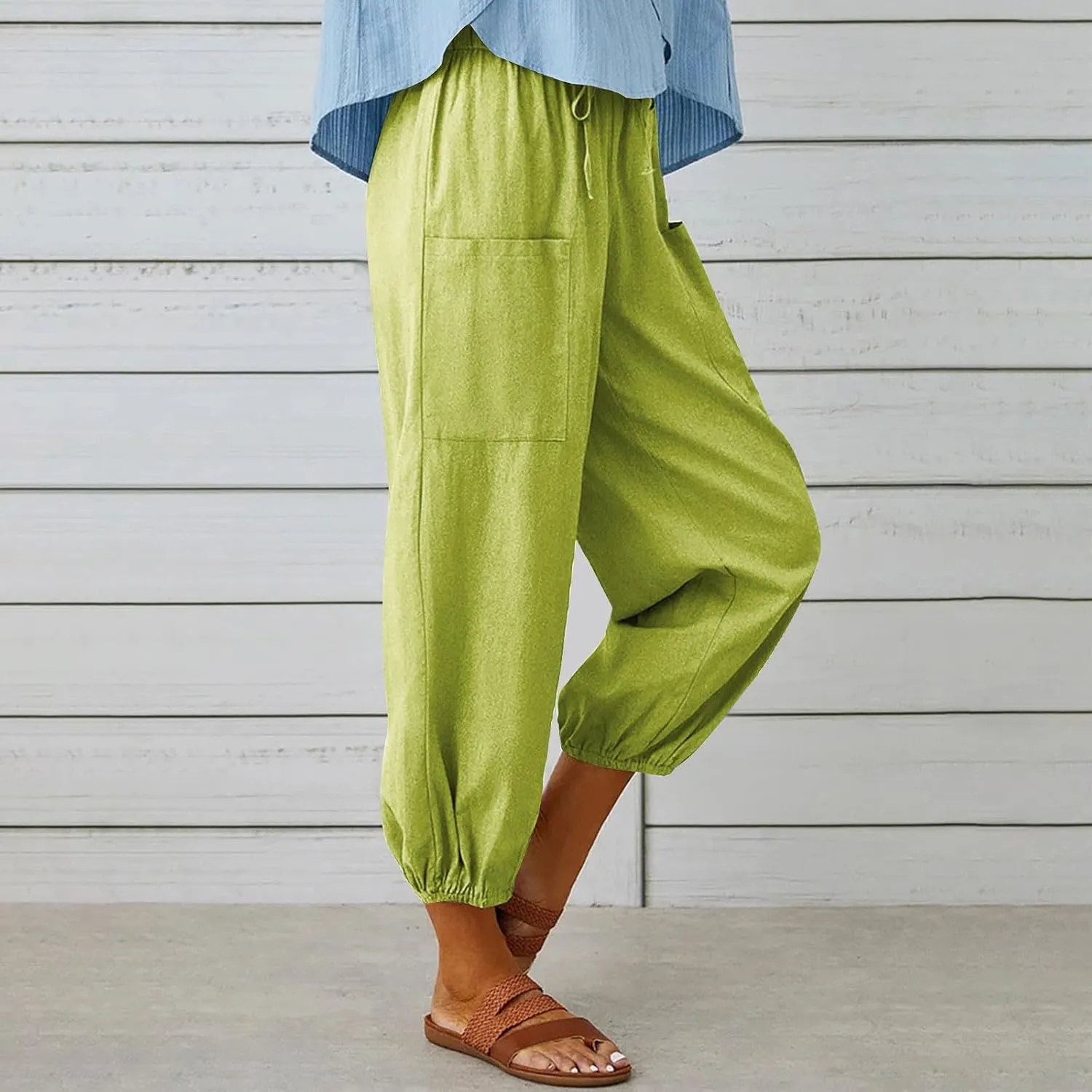 Straight Harem Pants Womens High Waist Relaxed Fit Lantern Trousers Cotton Linen Business Casual Summer Elastic Slacks