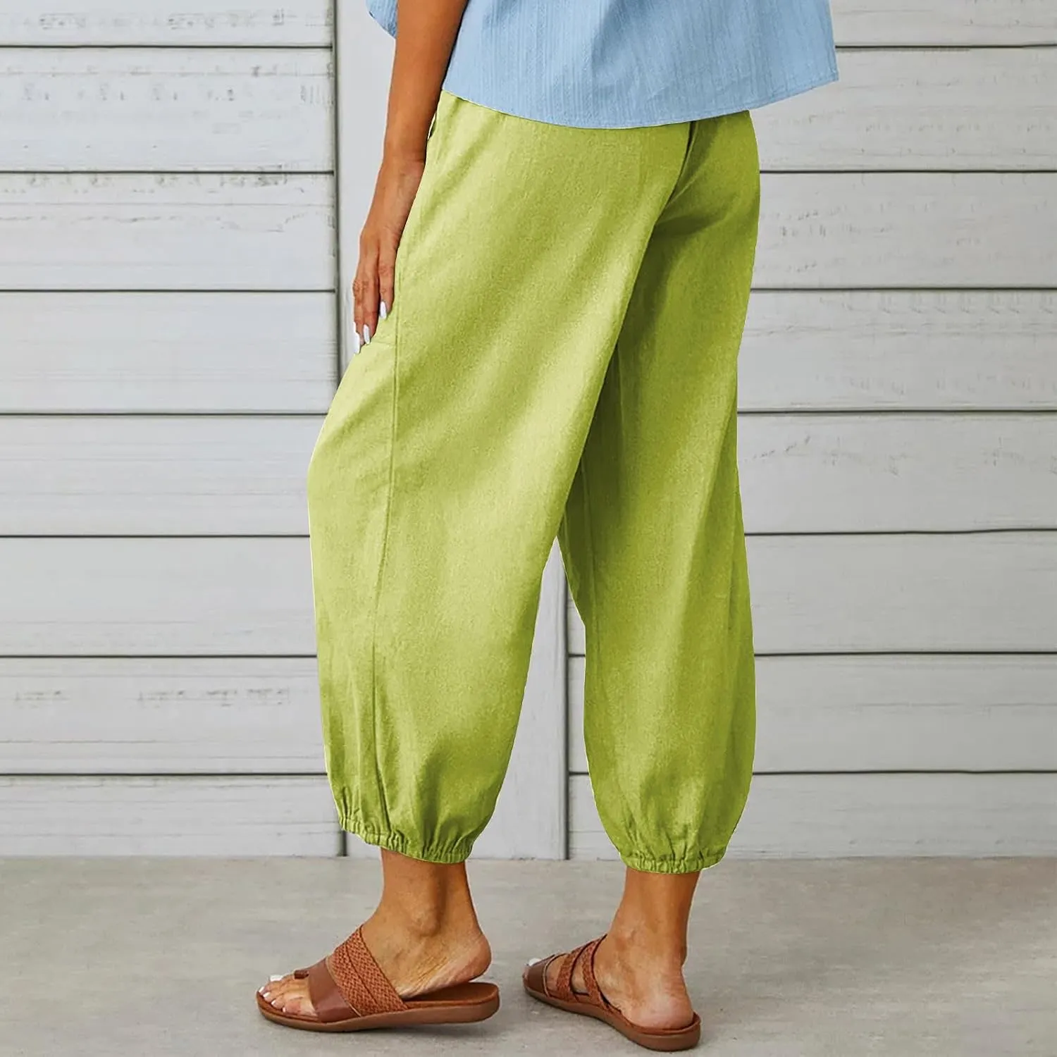 Straight Harem Pants Womens High Waist Relaxed Fit Lantern Trousers Cotton Linen Business Casual Summer Elastic Slacks