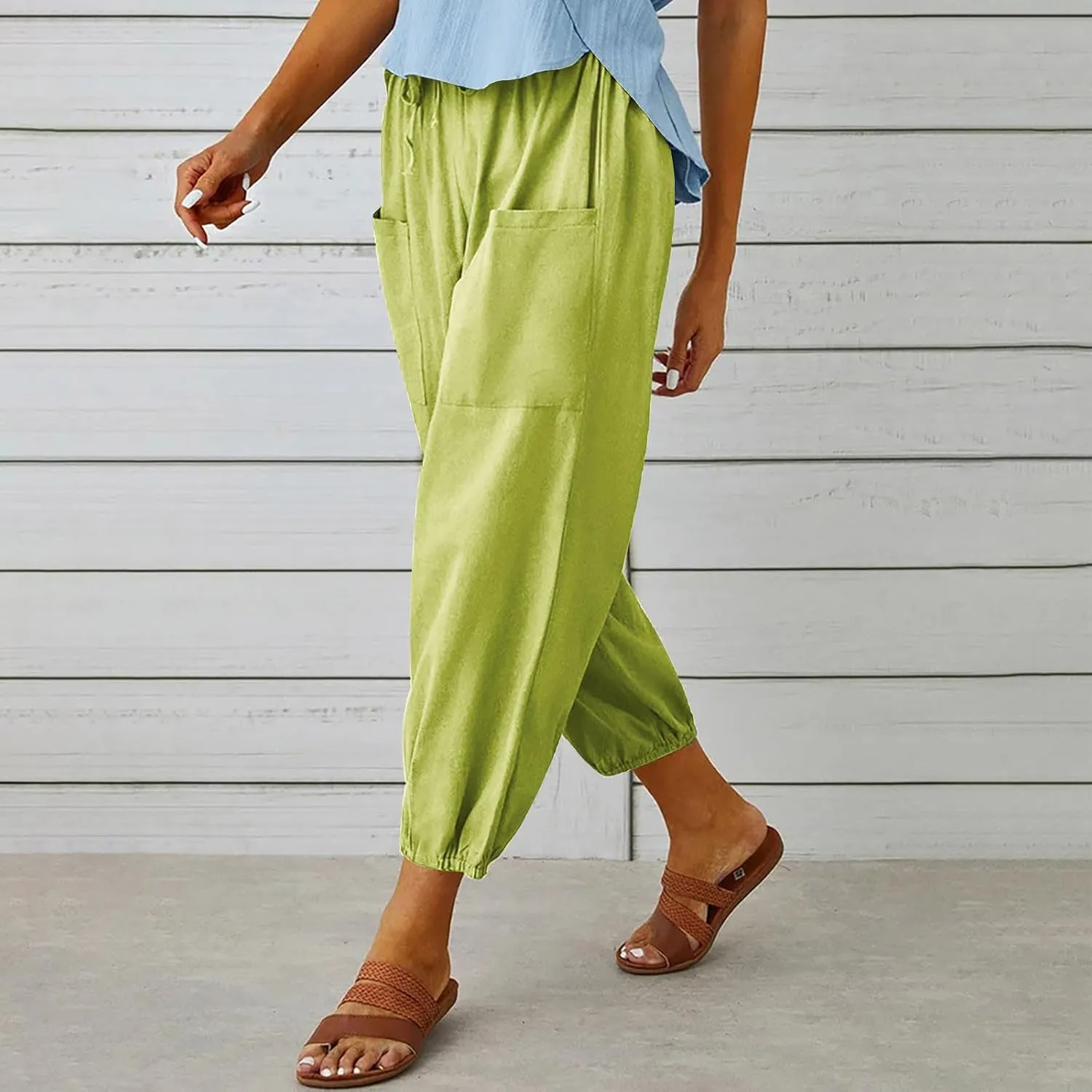 Straight Harem Pants Womens High Waist Relaxed Fit Lantern Trousers Cotton Linen Business Casual Summer Elastic Slacks