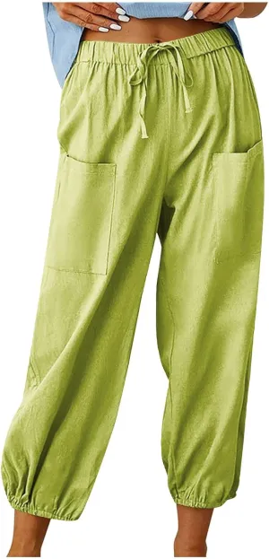 Straight Harem Pants Womens High Waist Relaxed Fit Lantern Trousers Cotton Linen Business Casual Summer Elastic Slacks
