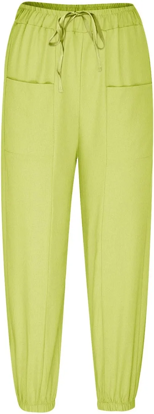 Straight Harem Pants Womens High Waist Relaxed Fit Lantern Trousers Cotton Linen Business Casual Summer Elastic Slacks