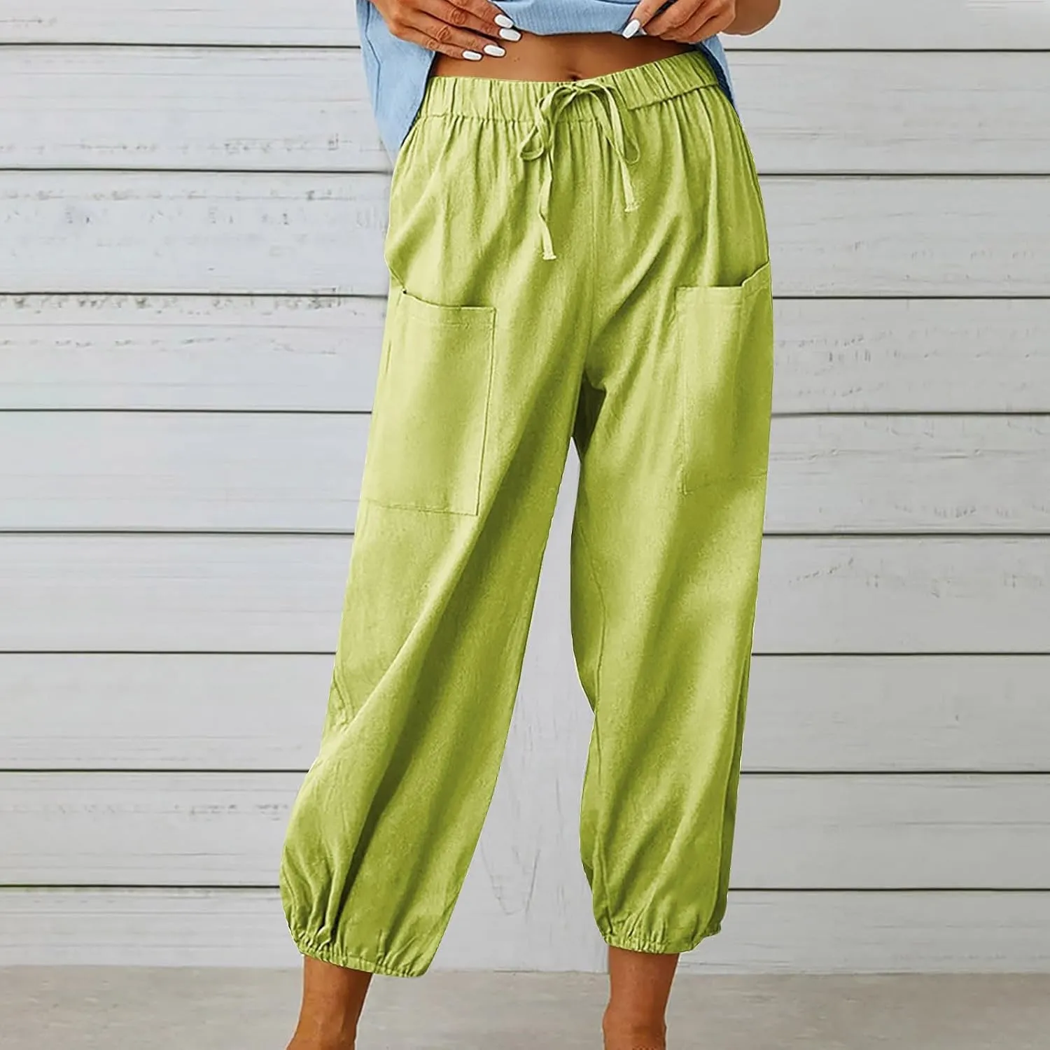 Straight Harem Pants Womens High Waist Relaxed Fit Lantern Trousers Cotton Linen Business Casual Summer Elastic Slacks
