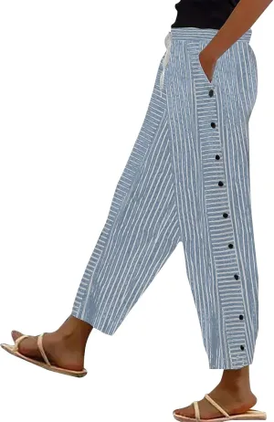 Summer Drawstring Casual Lounge Pant Waistband High Waistband Pocket Pants Side Nine Point Loose Casual