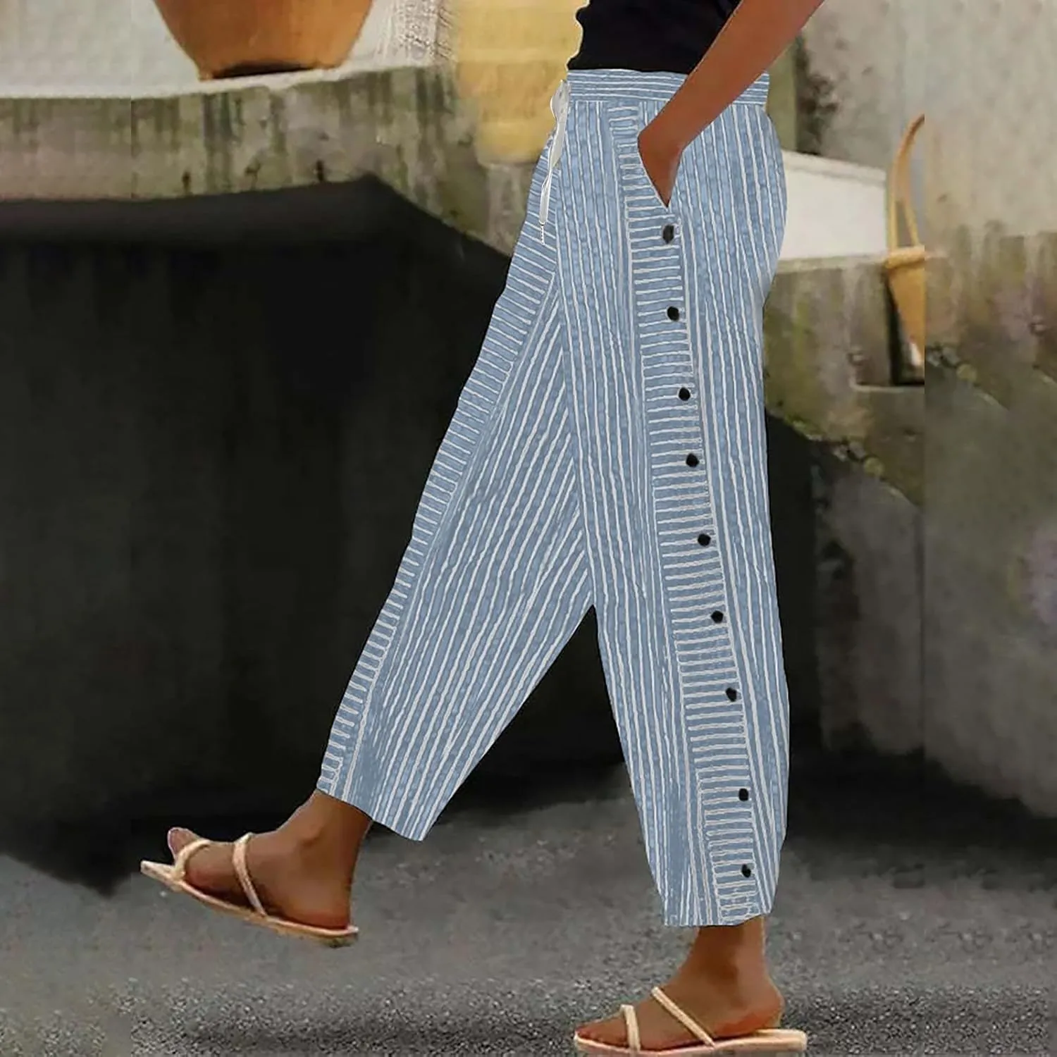 Summer Drawstring Casual Lounge Pant Waistband High Waistband Pocket Pants Side Nine Point Loose Casual