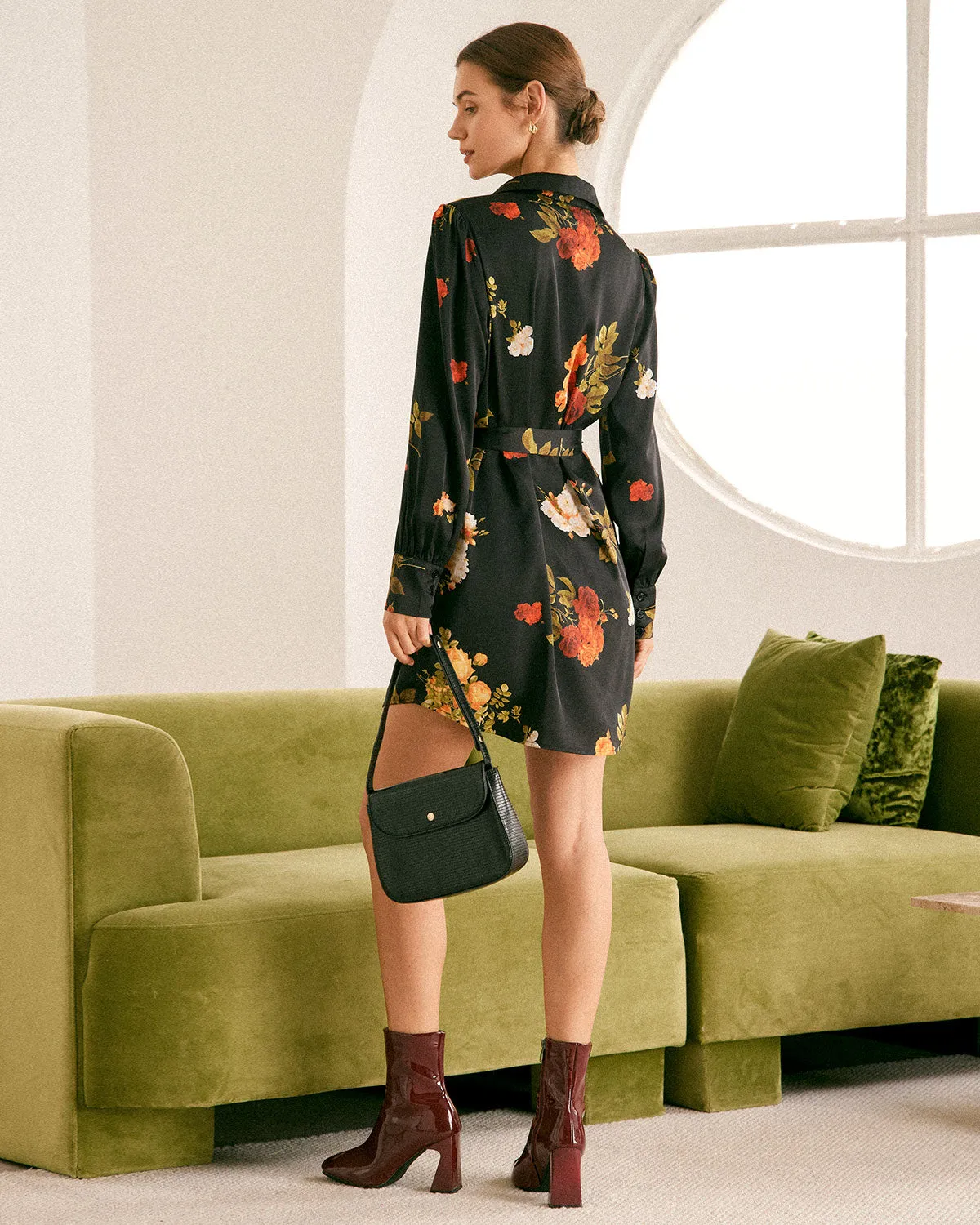The Black Lapel Button Floral Satin Mini Dress