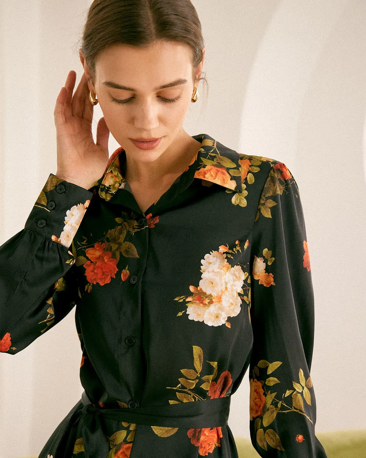 The Black Lapel Button Floral Satin Mini Dress
