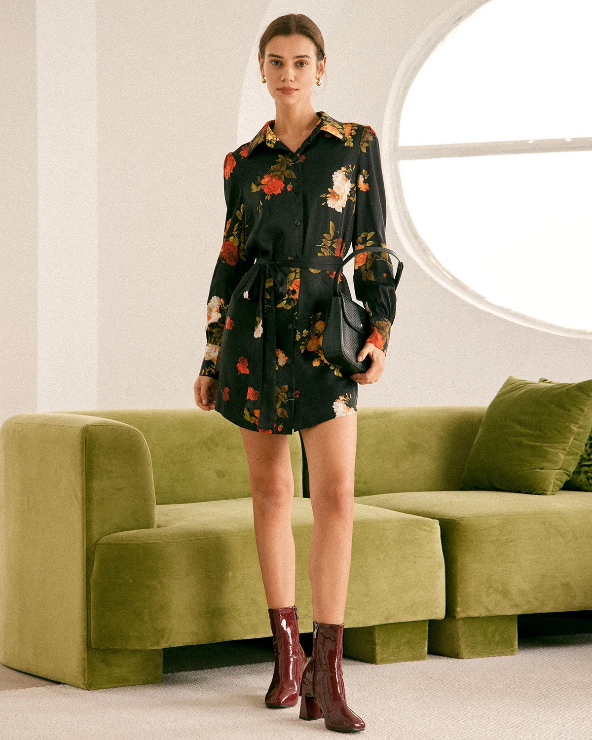 The Black Lapel Button Floral Satin Mini Dress