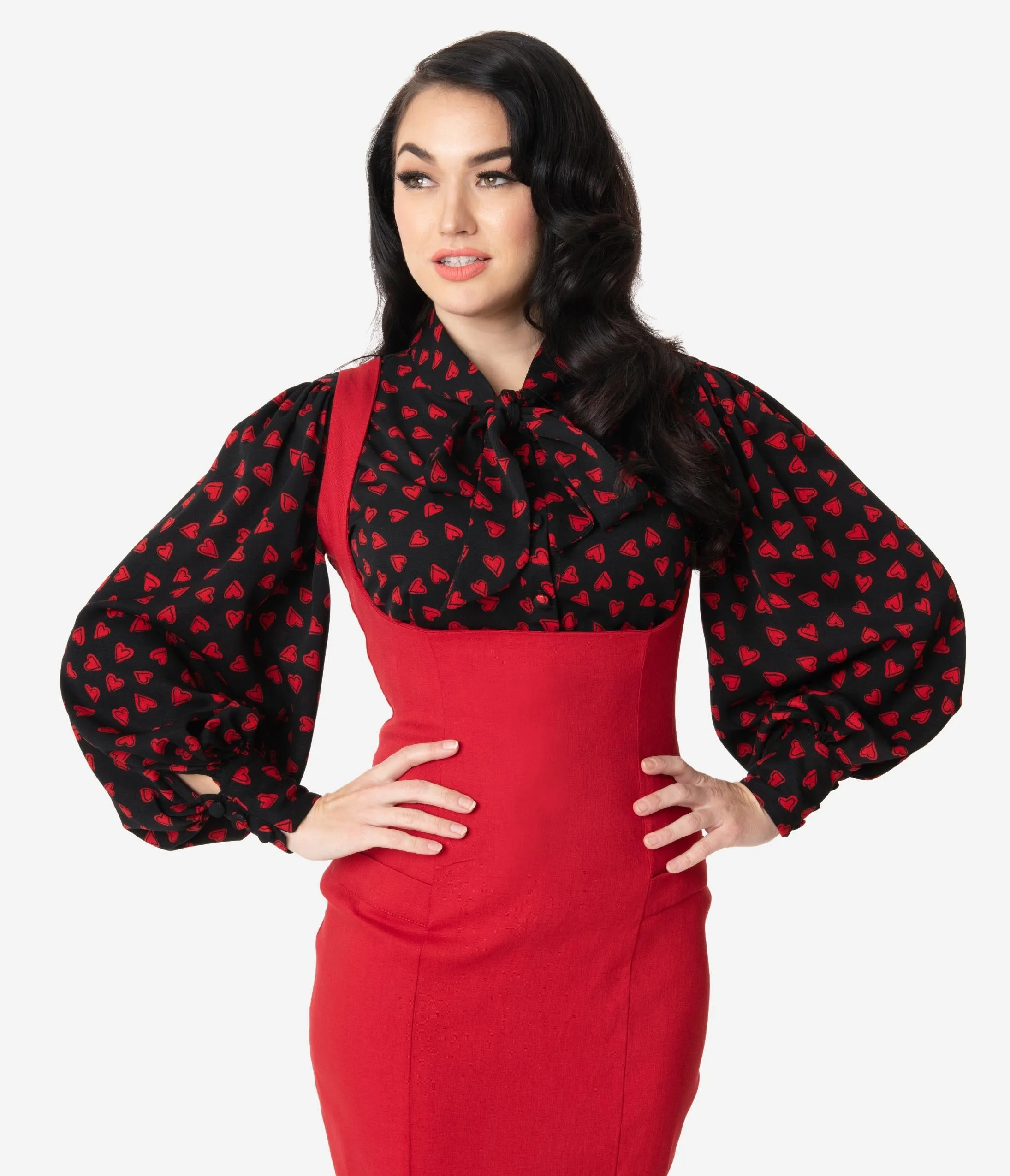 Unique Vintage Black & Red Heart Print Gwen Blouse