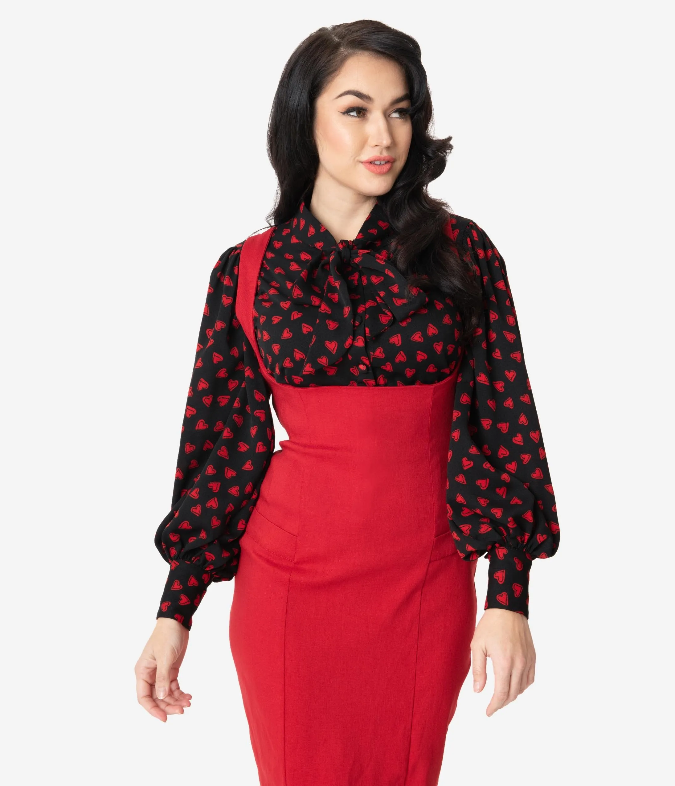 Unique Vintage Black & Red Heart Print Gwen Blouse