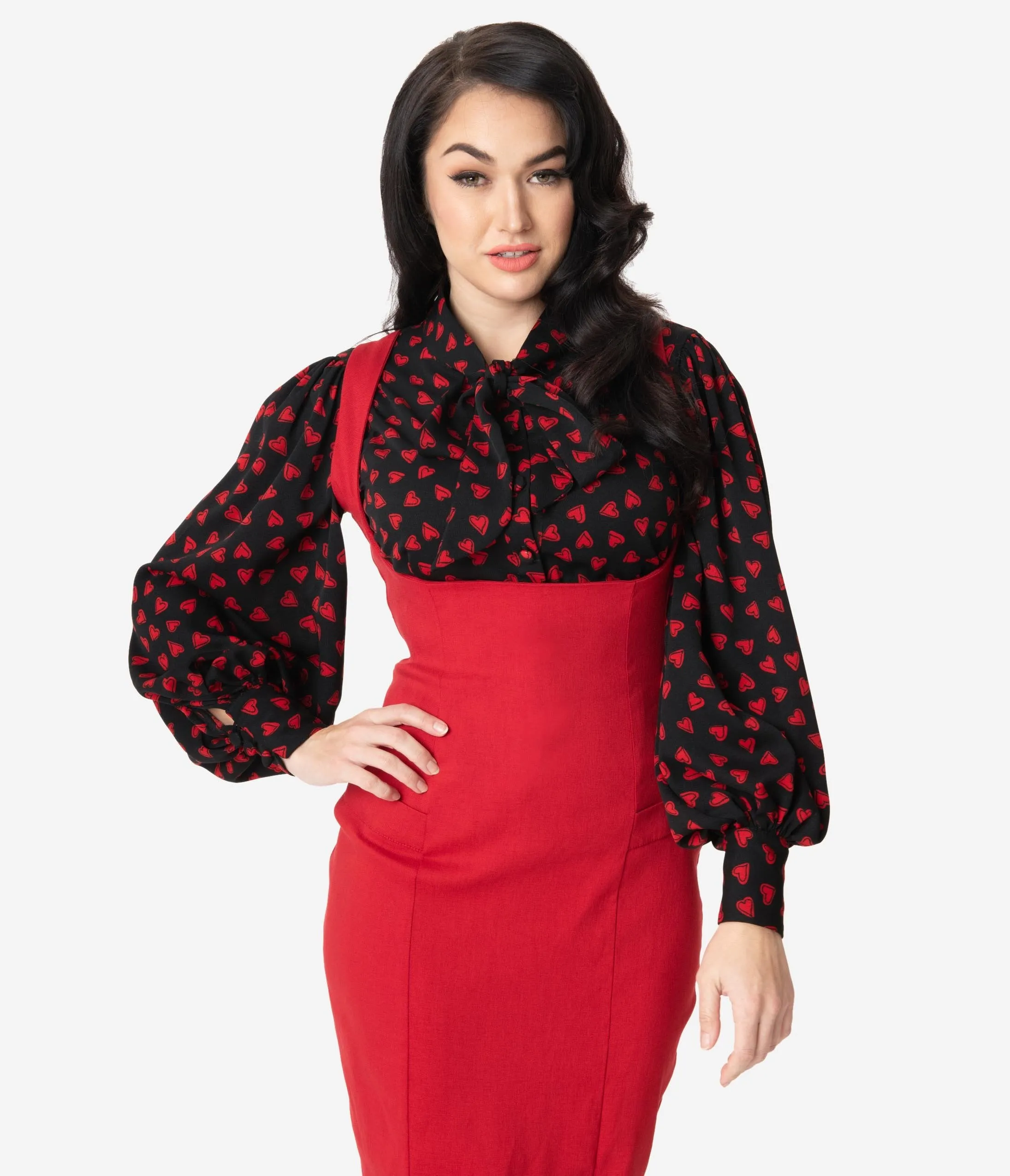 Unique Vintage Black & Red Heart Print Gwen Blouse