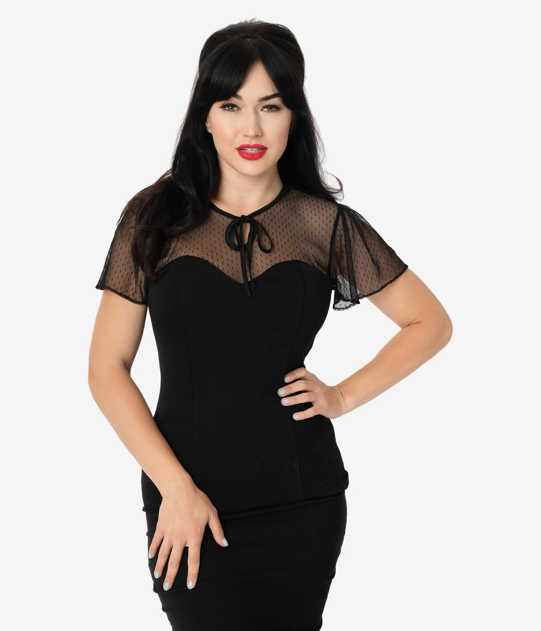 Unique Vintage Black Swiss Dot Mesh Clara Top