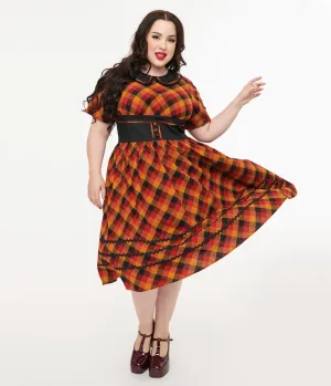 Unique Vintage Plus Size 1950s Orange & Red Plaid Peter Pan Collar Swing Dress