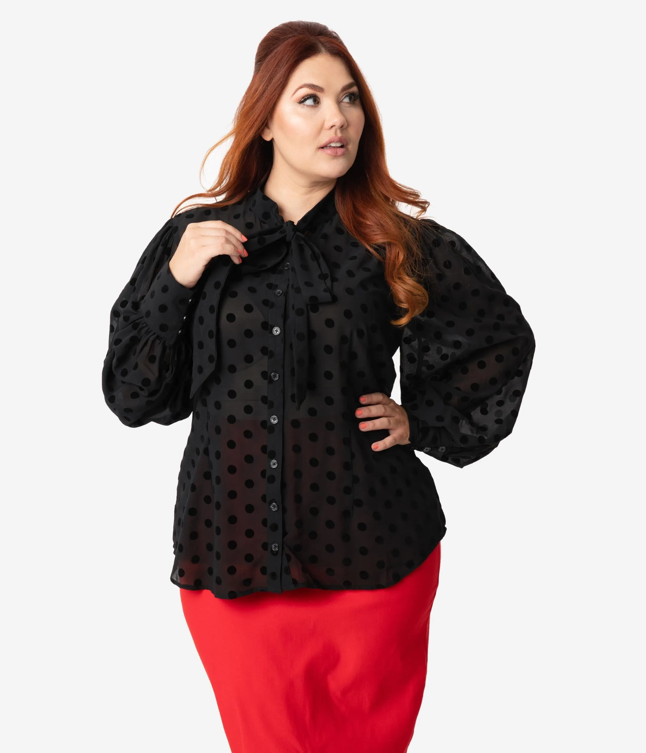 Unique Vintage Plus Size Black Swiss Dot Crepe Neck Tie Gwen Blouse