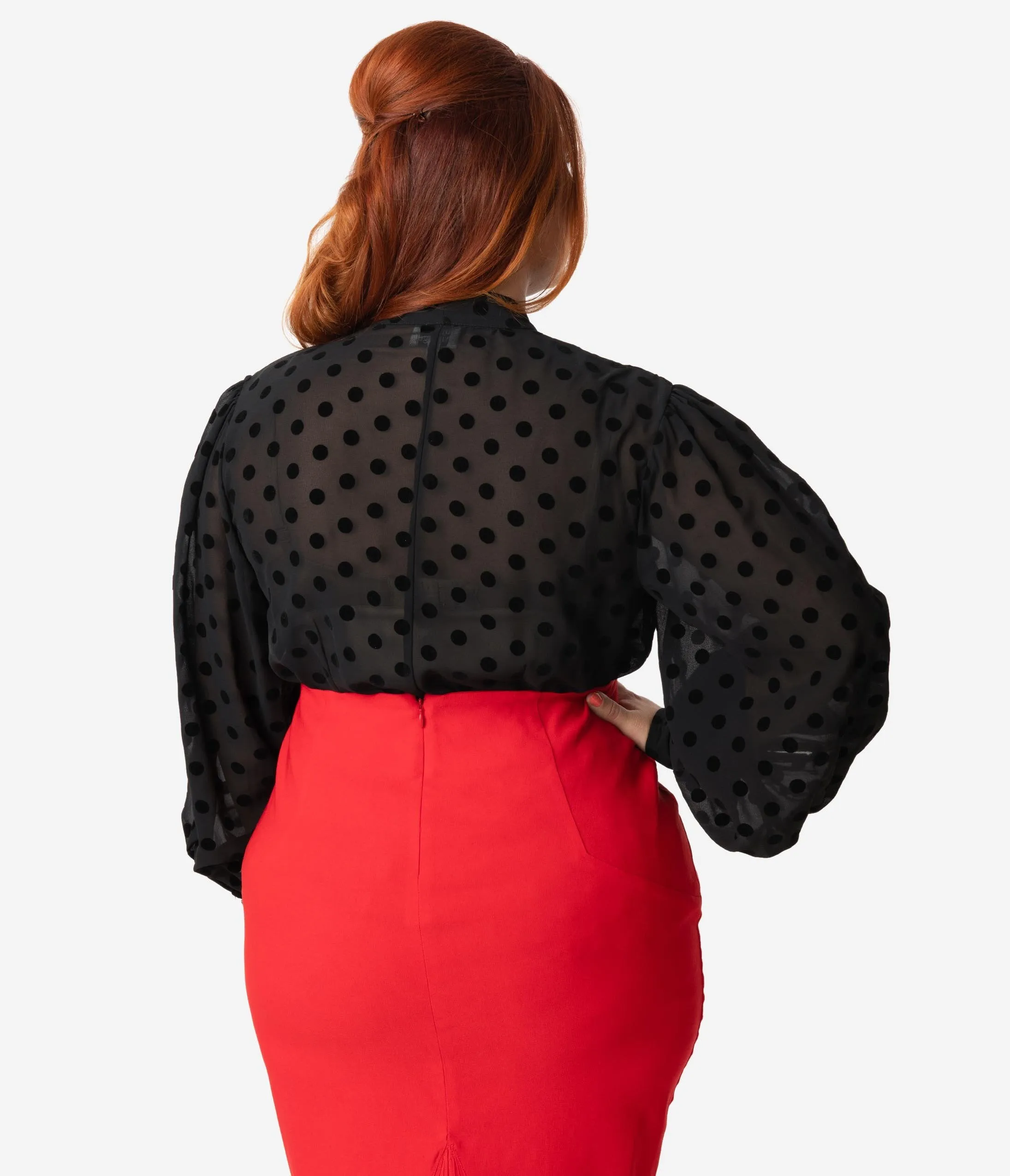 Unique Vintage Plus Size Black Swiss Dot Crepe Neck Tie Gwen Blouse