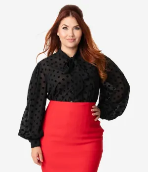 Unique Vintage Plus Size Black Swiss Dot Crepe Neck Tie Gwen Blouse