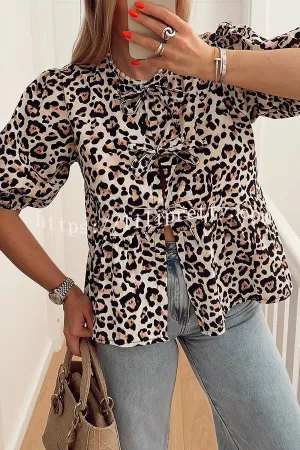 Wild and Cute Leopard Print Front Lace-up Puff Sleeve Patchwork Shirt