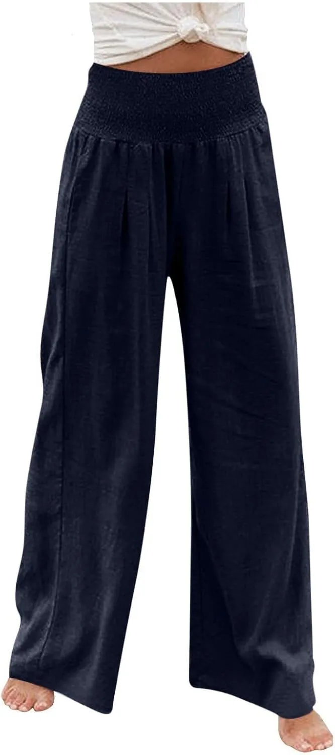 Women Linen Palazzo Pants Summer Wide Leg High Waist Trousers Casual Lounge Pant 2025 Beach Travel Vacation Outfits