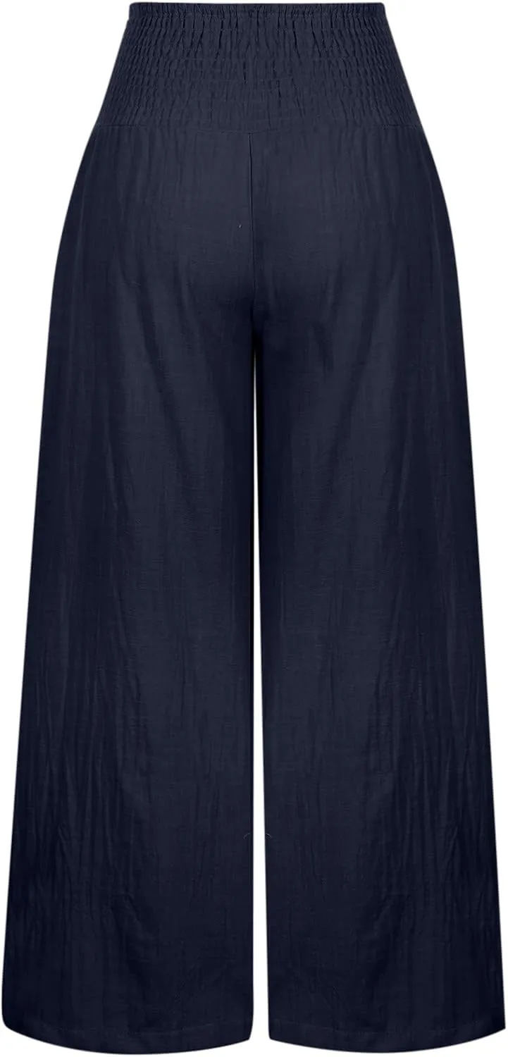 Women Linen Palazzo Pants Summer Wide Leg High Waist Trousers Casual Lounge Pant 2025 Beach Travel Vacation Outfits