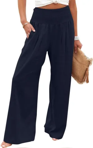 Women Linen Palazzo Pants Summer Wide Leg High Waist Trousers Casual Lounge Pant 2025 Beach Travel Vacation Outfits