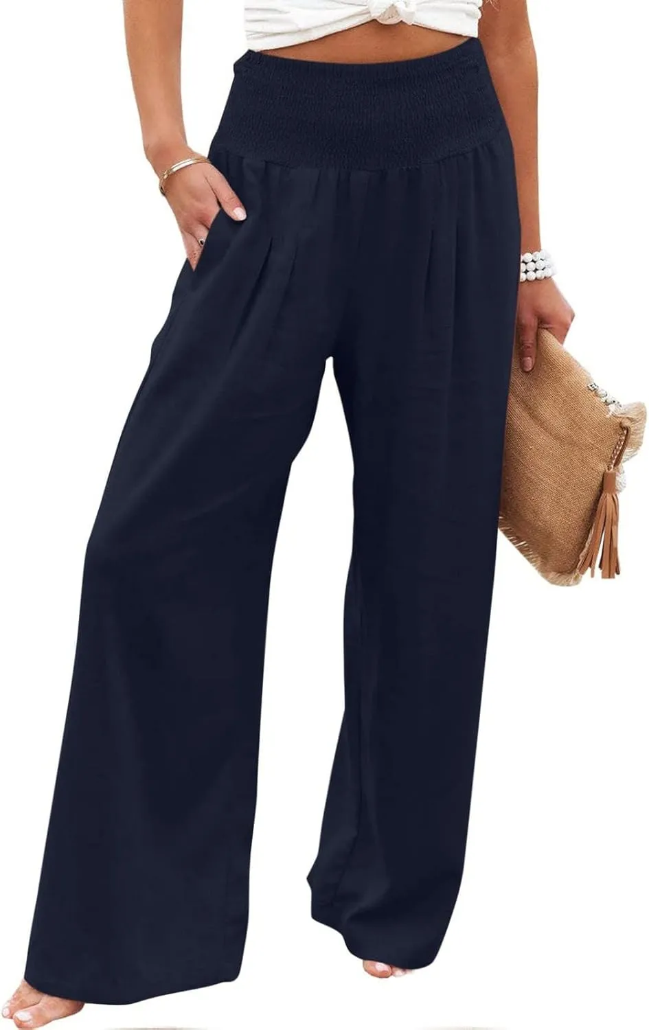 Women Linen Palazzo Pants Summer Wide Leg High Waist Trousers Casual Lounge Pant 2025 Beach Travel Vacation Outfits