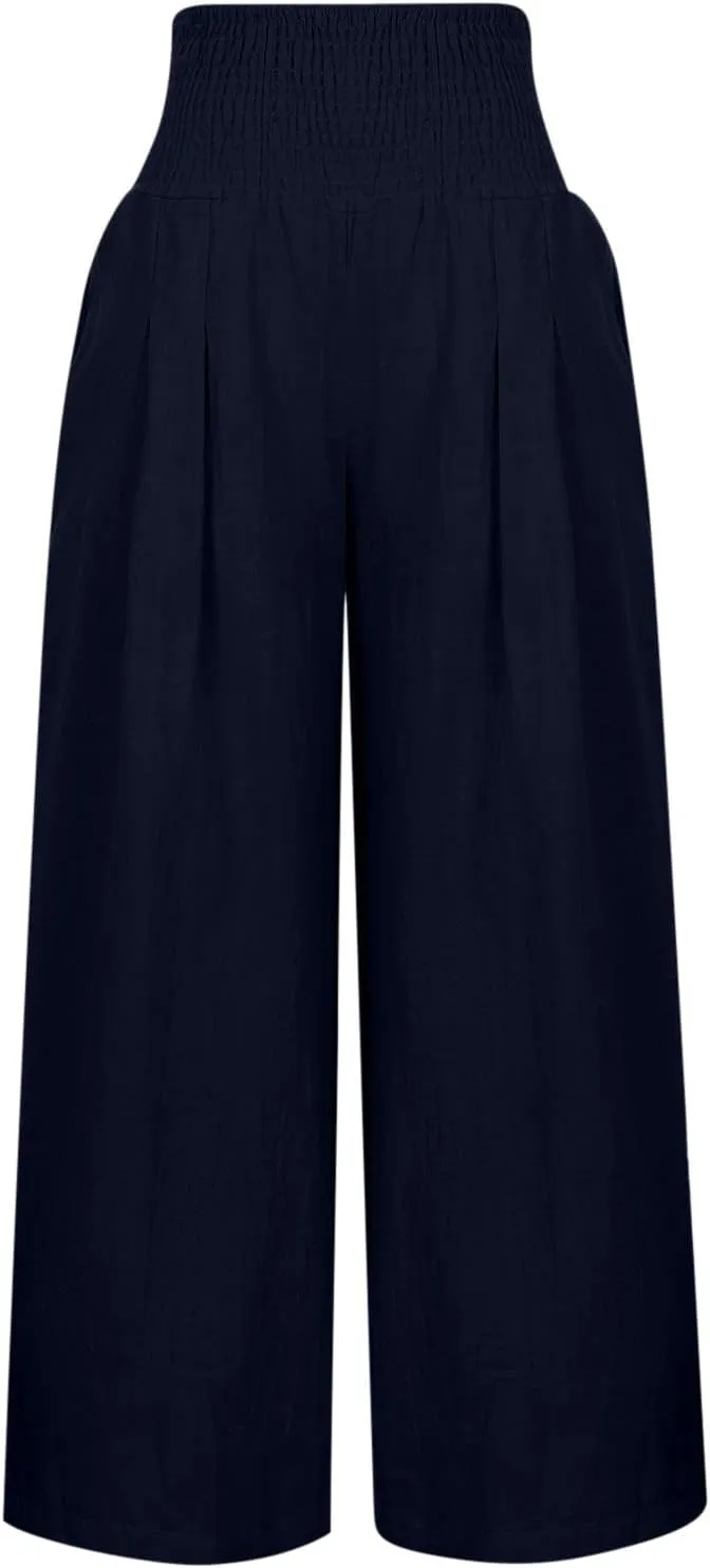 Women Linen Palazzo Pants Summer Wide Leg High Waist Trousers Casual Lounge Pant 2025 Beach Travel Vacation Outfits