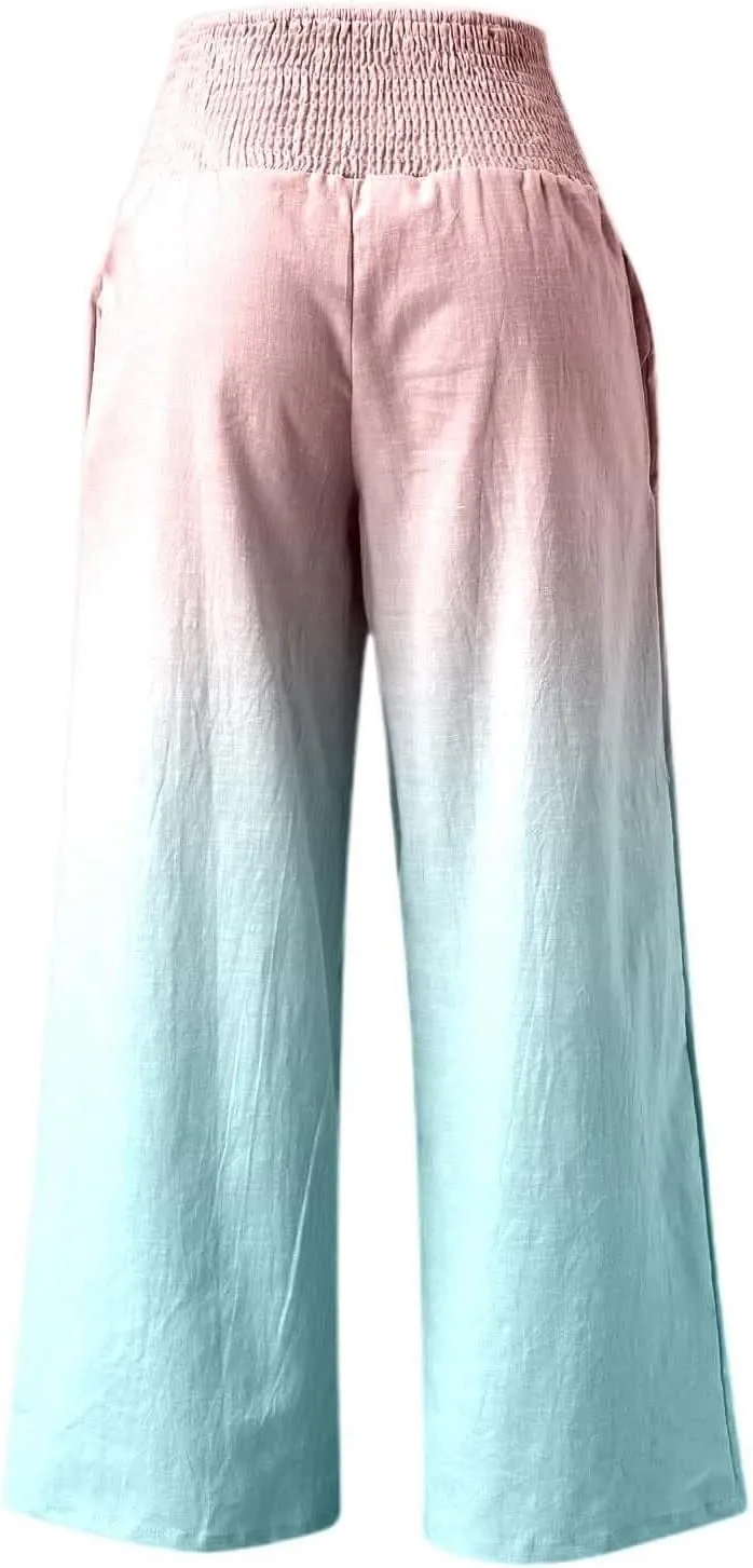 Women Linen Pants 2025 Summer Casual Loose Wide Leg Palazzo Pants Smocked High Waist Flowy Beach Trousers with Pockets