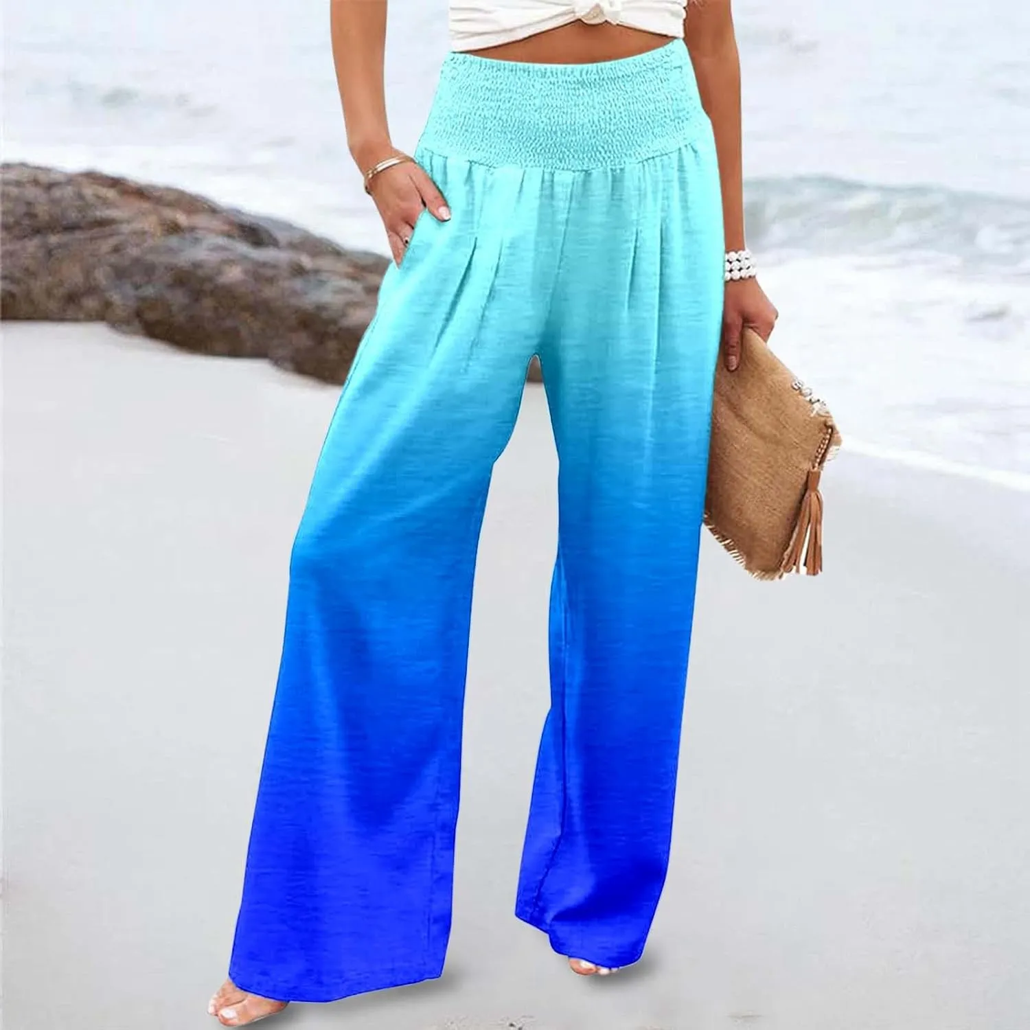 Women Linen Pants 2025 Summer Casual Loose Wide Leg Palazzo Pants Smocked High Waist Flowy Beach Trousers with Pockets