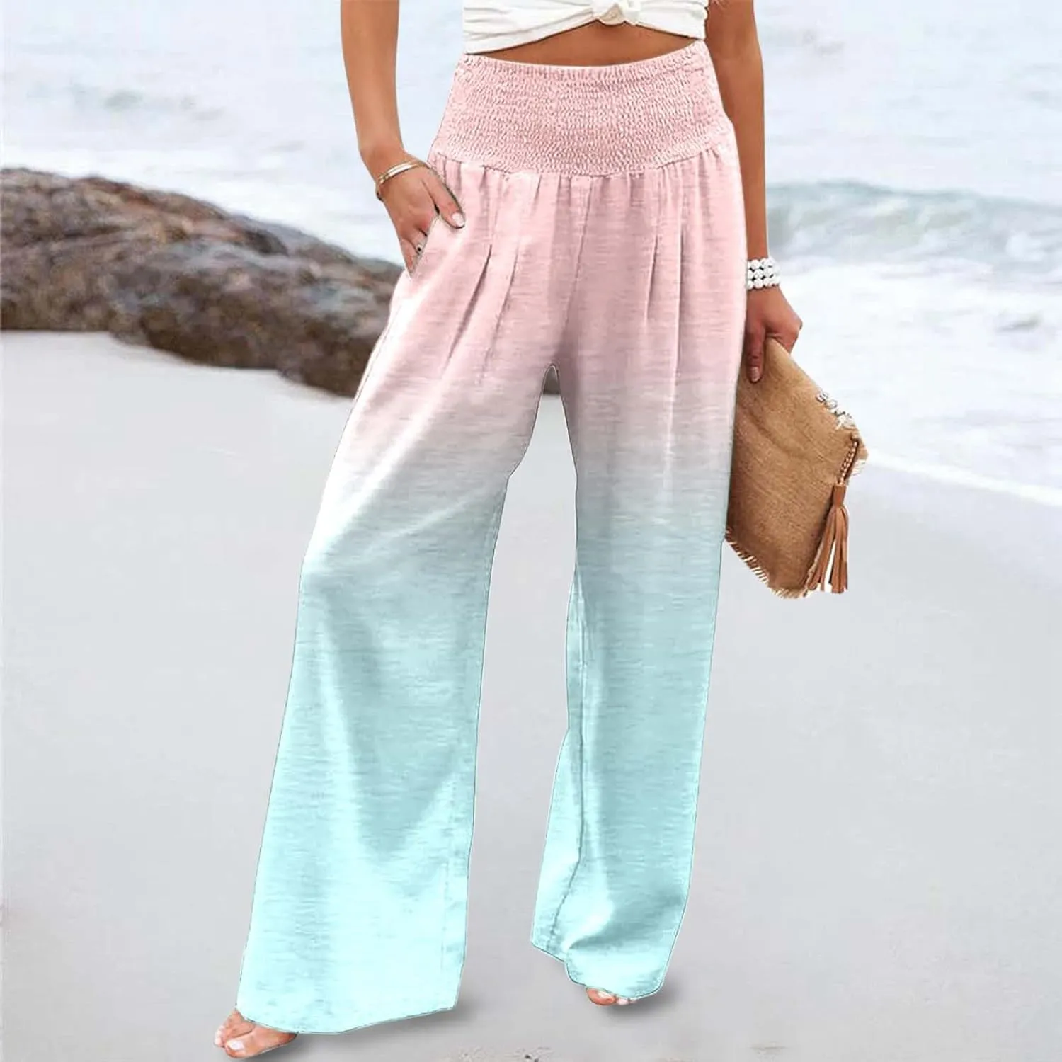 Women Linen Pants 2025 Summer Casual Loose Wide Leg Palazzo Pants Smocked High Waist Flowy Beach Trousers with Pockets