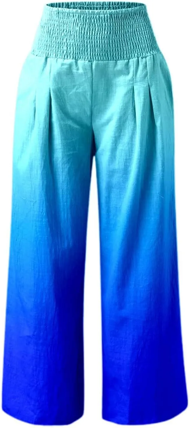 Women Linen Pants 2025 Summer Casual Loose Wide Leg Palazzo Pants Smocked High Waist Flowy Beach Trousers with Pockets