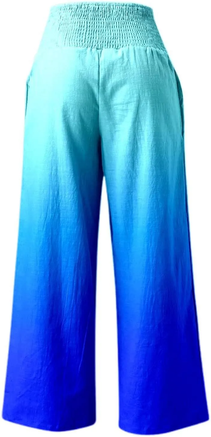 Women Linen Pants 2025 Summer Casual Loose Wide Leg Palazzo Pants Smocked High Waist Flowy Beach Trousers with Pockets