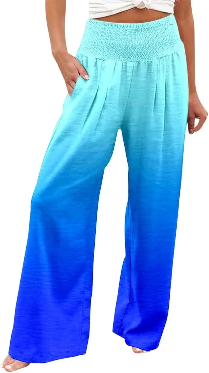 Women Linen Pants 2025 Summer Casual Loose Wide Leg Palazzo Pants Smocked High Waist Flowy Beach Trousers with Pockets