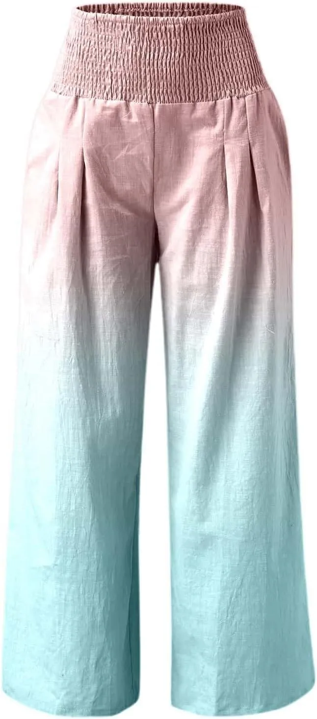 Women Linen Pants 2025 Summer Casual Loose Wide Leg Palazzo Pants Smocked High Waist Flowy Beach Trousers with Pockets