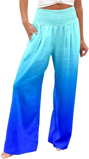 Women Linen Pants 2025 Summer Casual Loose Wide Leg Palazzo Pants Smocked High Waist Flowy Beach Trousers with Pockets