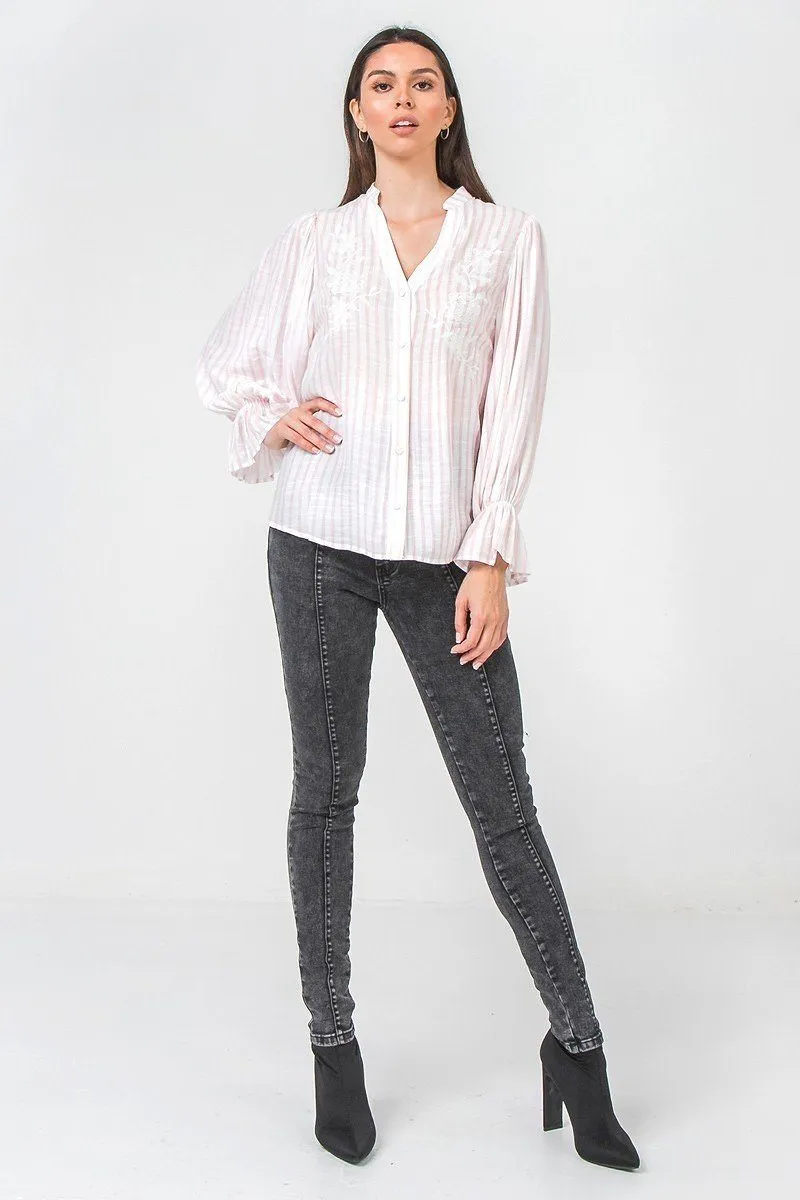 Women's A Floral Eyelet And Solid Mixed Top