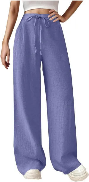 Womens Baggy Cotton Linen Trousers Summer Casual Solid Beach Resort Pants Elastic High Waist Drawstring Wide Leg Pant