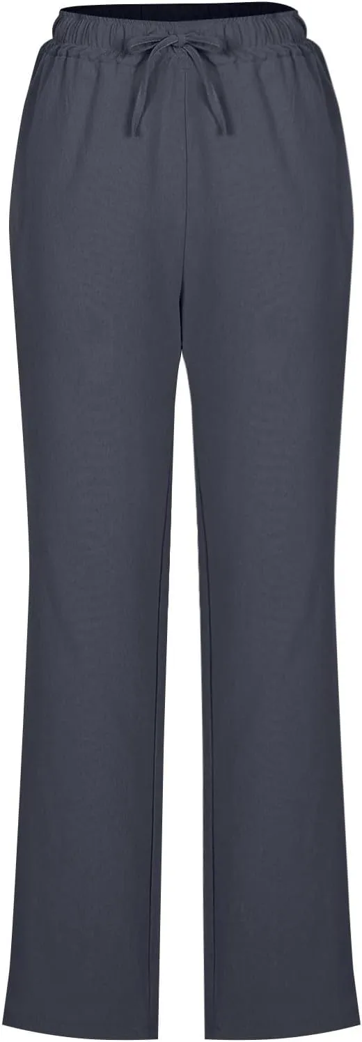 Womens Casual Linen High Waist Pants Drawstring Loose Fit Summer Slacks Solid Lounge Trousers with Side Pockets