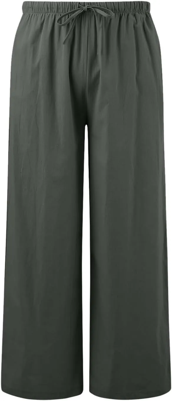 Women's Cotton Linen Summer Palazzo Pants Flowy Wide Leg Beach Trousers Drawstring Elastic Waist Casual Baggy Slacks