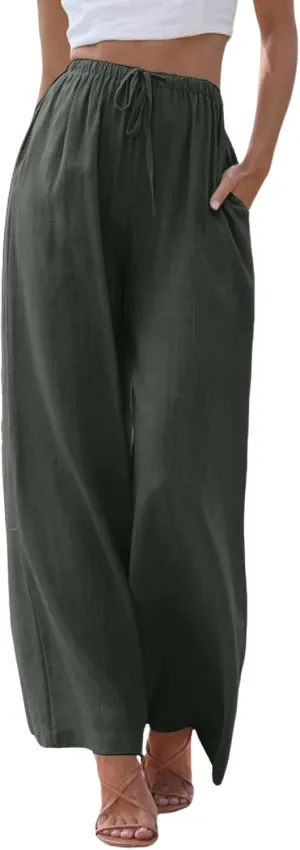 Women's Cotton Linen Summer Palazzo Pants Flowy Wide Leg Beach Trousers Drawstring Elastic Waist Casual Baggy Slacks
