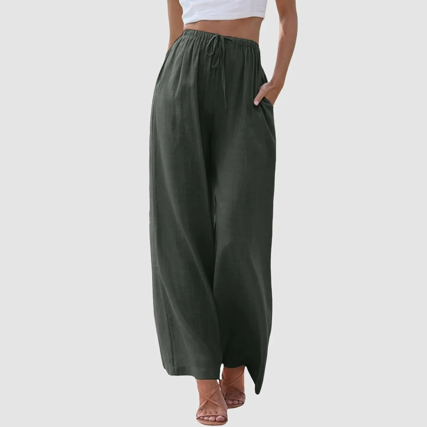 Women's Cotton Linen Summer Palazzo Pants Flowy Wide Leg Beach Trousers Drawstring Elastic Waist Casual Baggy Slacks