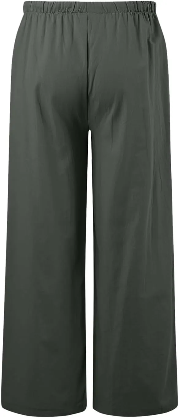 Women's Cotton Linen Summer Palazzo Pants Flowy Wide Leg Beach Trousers Drawstring Elastic Waist Casual Baggy Slacks